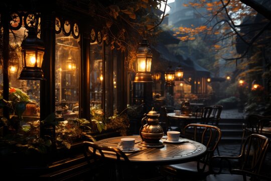 Empty tables under a lamp at night in fog on the city promenade in autumn fallen leaves on a cobblestone street in the background Bridge over the river