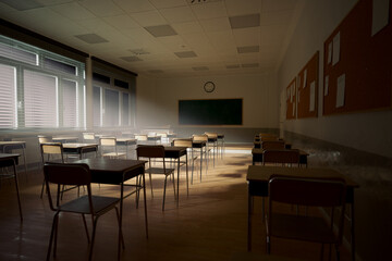 Rays of light falling to the empty classroom. Abandoned school. Disturbing mood - obrazy, fototapety, plakaty