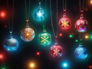 Christmas Balls Hanging On A String With Lights