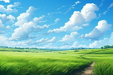 Landscape with grass field under sunny sky. Generative AI