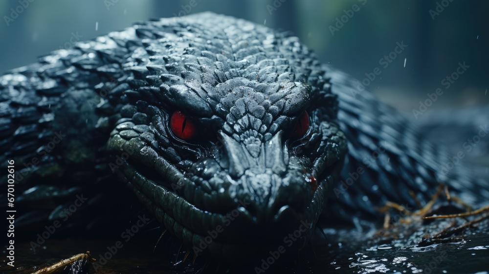 Aufkleber a close up of a creature with red eyes in a body of water with trees in the background and rain fall