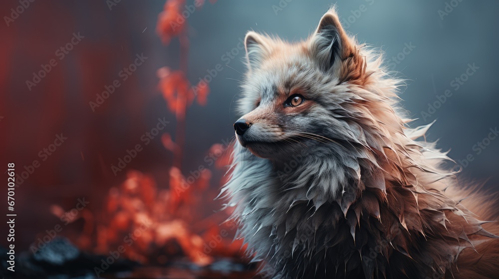 Poster a close up of a fox with a blurry image of it's face in the background of a blurry image of leaves a
