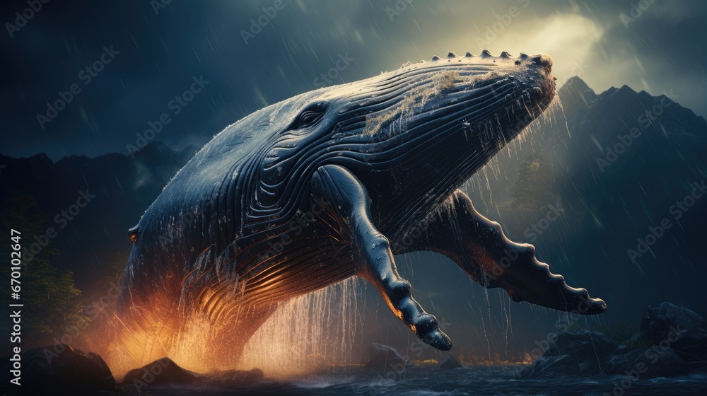 Poster a large whale floating on top of a body of water next to a forest filled with lots of trees and a da