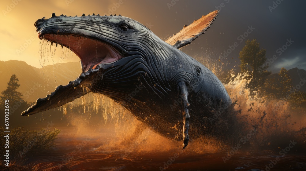 Poster an artist's rendering of a humpback whale with its mouth open and it's mouth wide open and it's mout