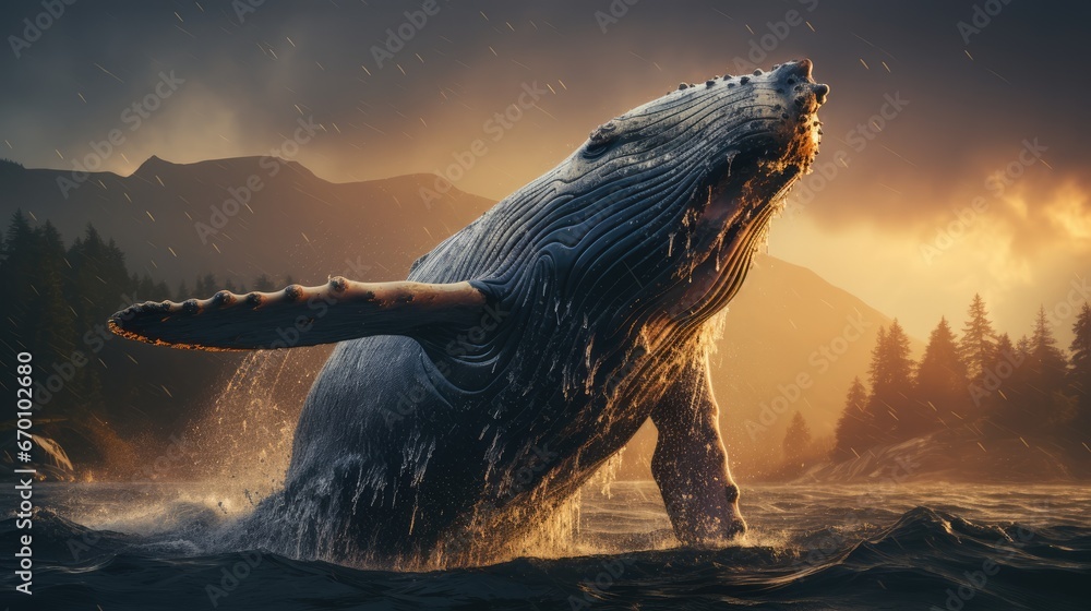 Poster a humpback whale jumping out of the water in front of a mountain range with trees and clouds in the 
