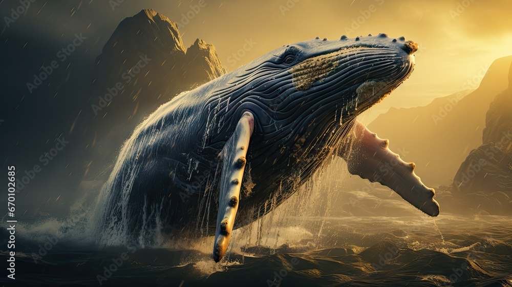 Poster a painting of a humpback whale with it's mouth open and it's mouth wide open as it swims through the