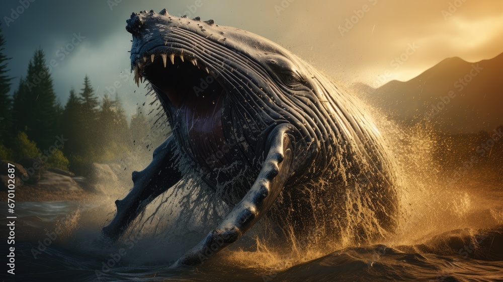 Poster a humpback whale with it's mouth open and it's mouth wide open as it dives into a body of water with