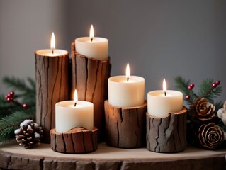 Fototapeta na wymiar A Group Of Candles Sitting On Top Of A Wooden Table