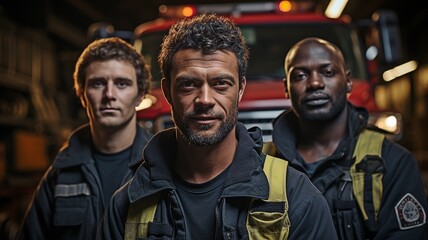 Fototapeta premium An image of firefighters waiting outside of a fire engine .