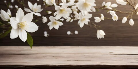 Empty wooden table with a blooming branch. Banner template for a promotional product demonstration. Generative AI