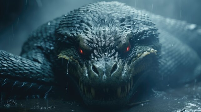  a close up of a dragon with red eyes in a dark room with rain falling down on it's head and it's eyes glowing red in the dark.  generative ai