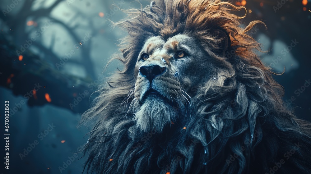 Aufkleber a close up of a lion's face in front of a forest filled with trees and burning oranges with a dark s