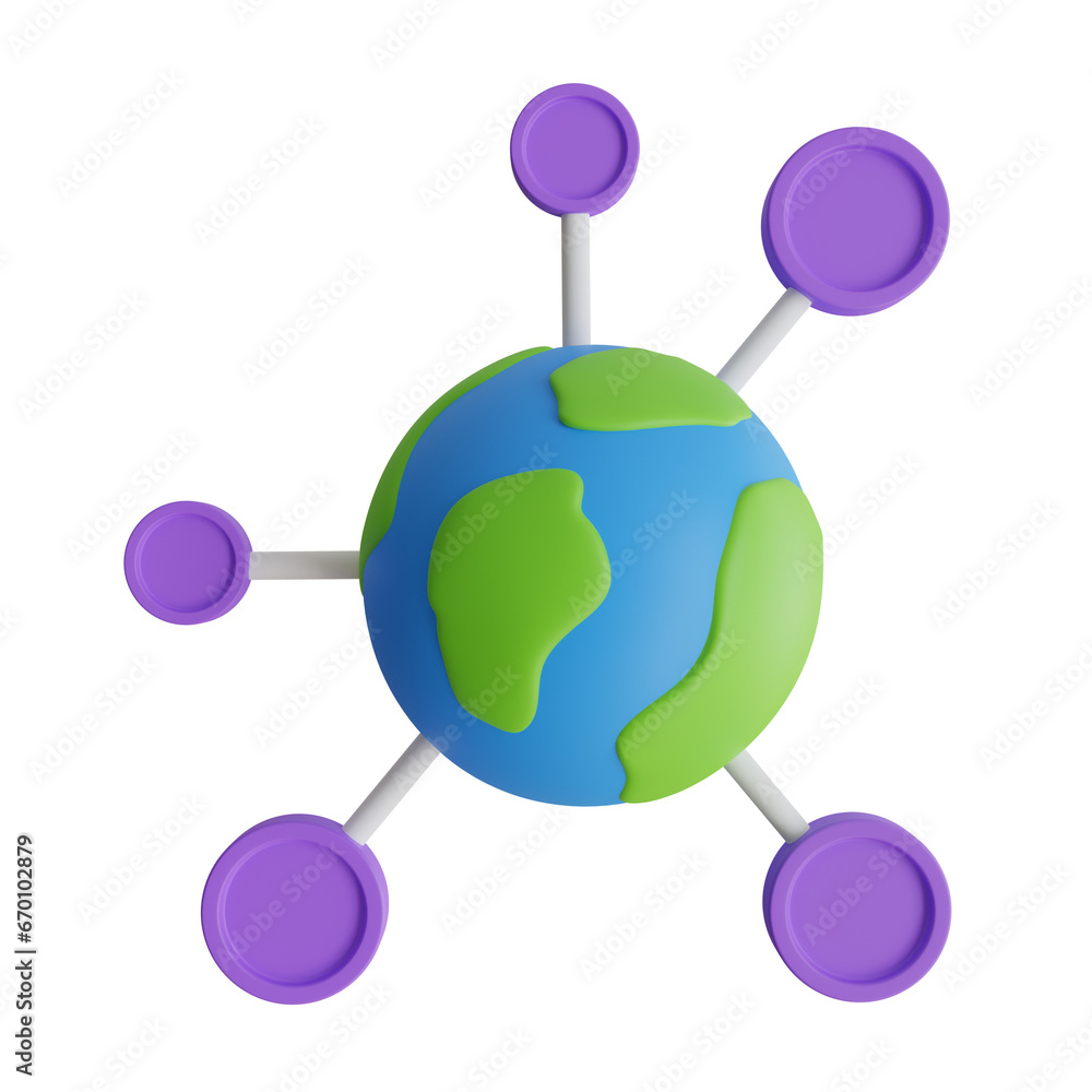 Poster 3d blue network chart model with three node blossoms. lavender-themed 3d network chart model for dat