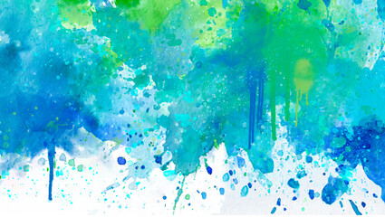 Paint pour drips and spray paint splatter turquoise blue background texture for backdrop, wallpaper, banner, poster. .