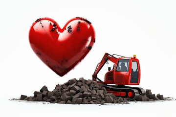 Excavator holding red heart on white background. Generative AI