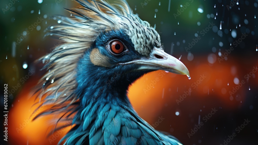 Poster a close up of a bird in the rain with drops of water on it's head and a blurry background of trees a