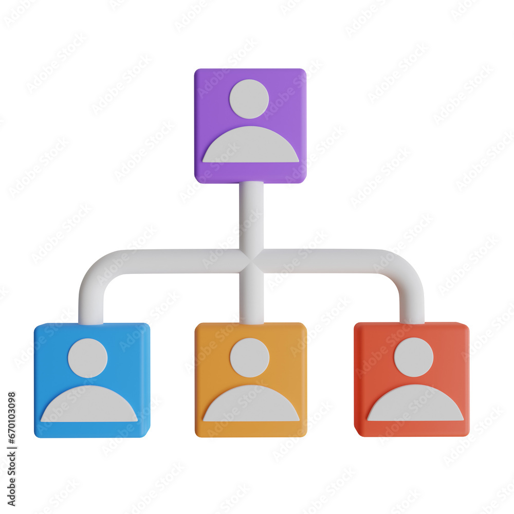 Poster 3d colored user hierarchy model with three levels. lavender-themed 3d user hierarchy model for user.