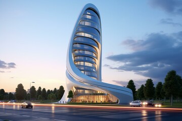 modern tall building with curved design and transparent windows. Generative AI