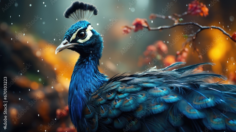 Poster a painting of a peacock standing in front of a tree with leaves on it's branches and a branch with l