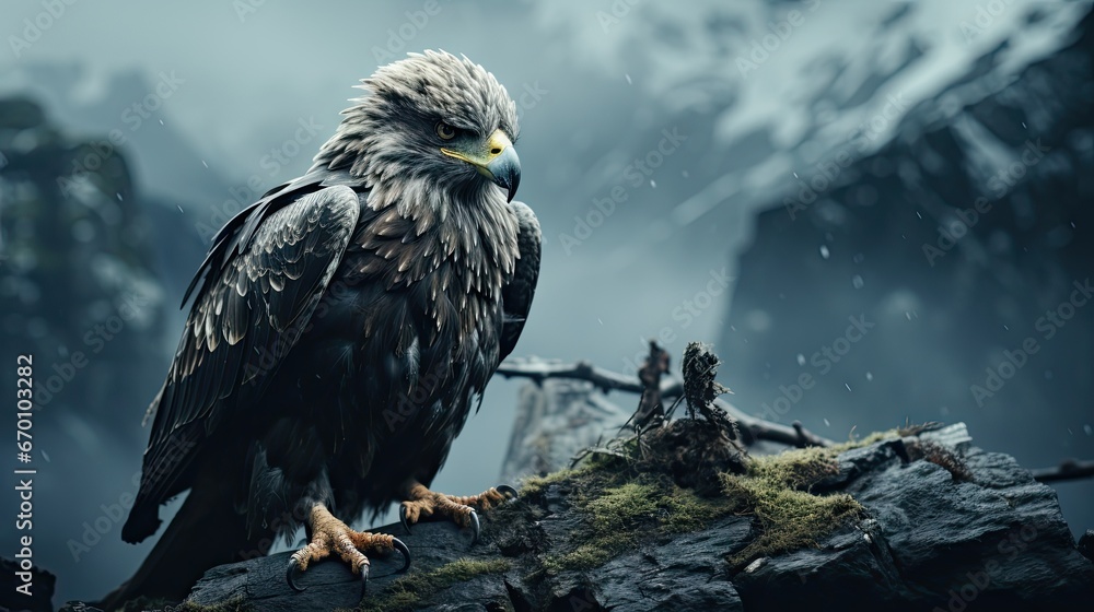 Poster a close up of a bird of prey on a branch with a mountain in the background with snow on the ground a