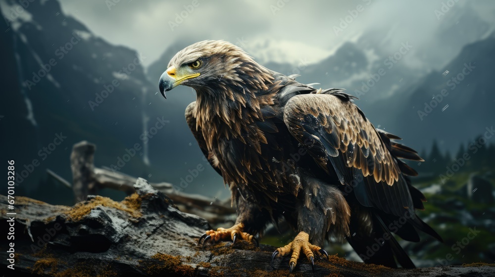 Poster a close up of a bird of prey on a tree branch with mountains in the backgrouds of the sky and clouds