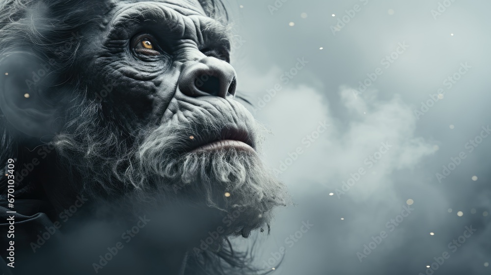 Poster a close up of a man with a beard and a beard in front of a cloudy sky with stars and smoke behind hi
