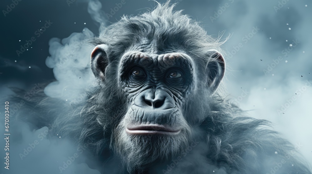 Aufkleber a close up of a monkey with smoke coming out of it's mouth and a dark sky in the background with clo