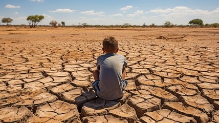 Because of the lack of water owing to global warming, the youngster was sitting on parched ground. The idea of global warming and climate change. - obrazy, fototapety, plakaty