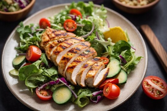   grilled chicken fillet with salad. keto, ketogenic, paleo diet. healthy food. diet lunch concept. top view