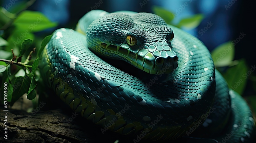 Poster a close up of a green snake on a branch with a leafy branch in the foreground and a blurry backgroun