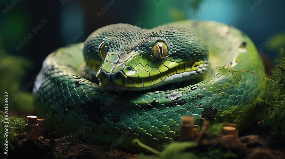 Poster a close up of a green snake with it's head resting on a branch in the middle of the frame, with a bl