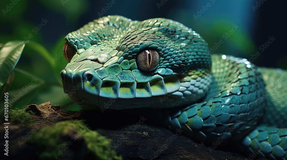 Poster  a close up of a blue and green snake on a branch with green leaves in the background and a blurry image of the head of the snake in the foreground.  generative ai