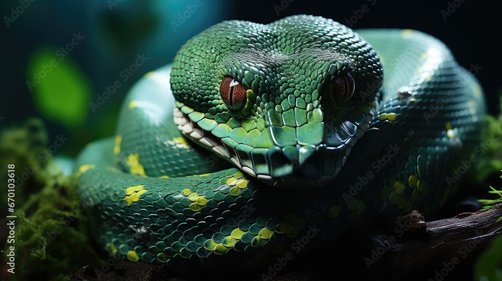 Poster a close up of a green snake with its mouth open and eyes wide open, on a branch in front of a dark b