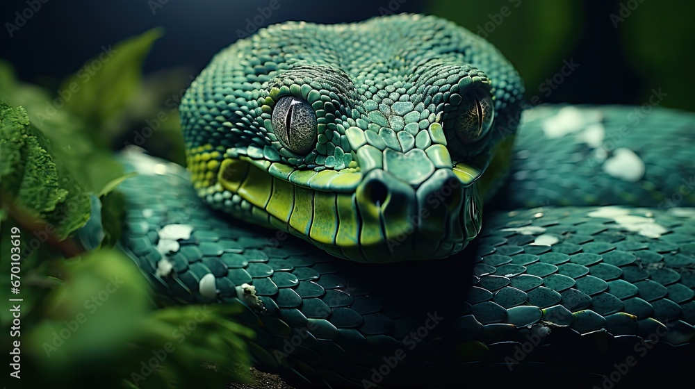 Poster a close - up of a green snake's head resting on a branch with leaves in the foreground, with a dark 