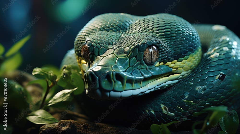 Poster a close - up of a green snake's head resting on a branch with leaves in the foreground and a blurry 