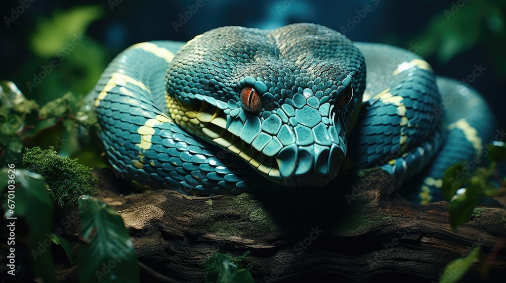 Poster a close up of a blue and yellow snake on a tree branch with green leaves in the foreground and a blu