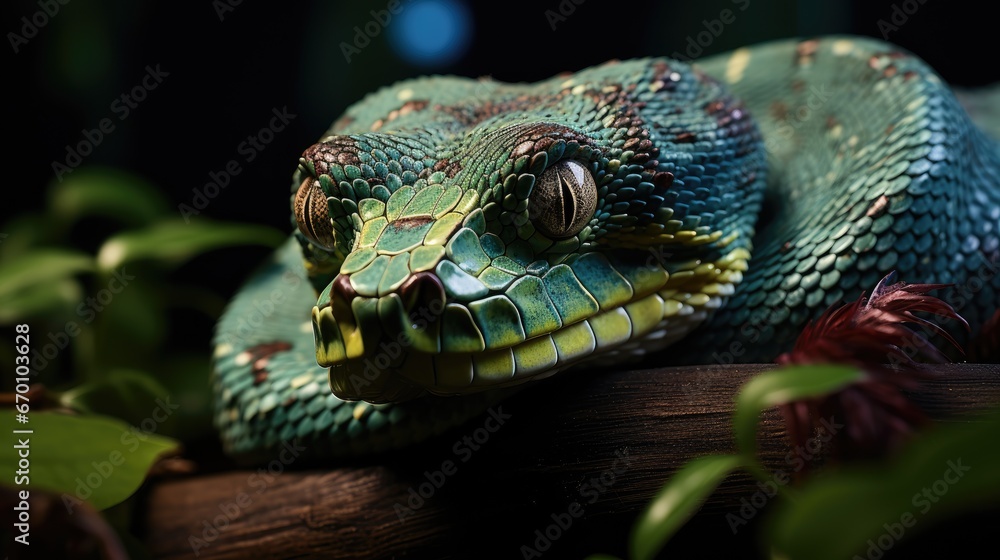 Poster a close up of a green snake on a branch with leaves in the foreground and a blurry background of lea