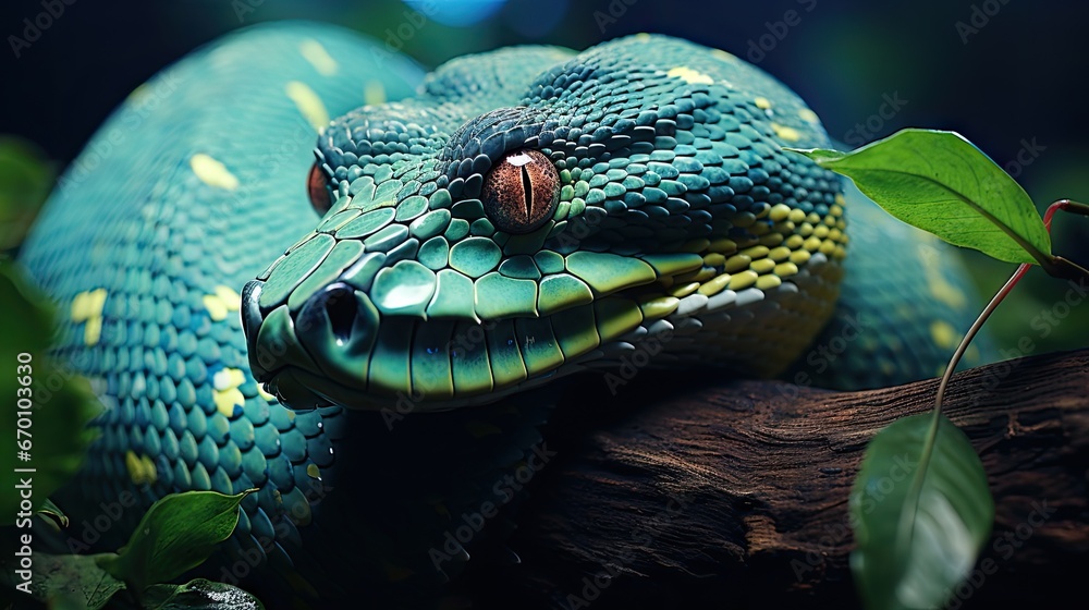 Aufkleber a close up of a blue and yellow snake on a tree branch with a green leaf in the foreground and a blu