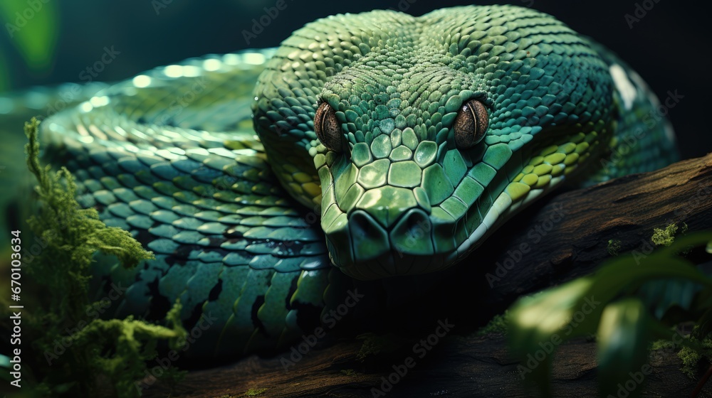 Poster a close up of a green snake on a branch in a forest with green leaves and a tree branch in the foreg