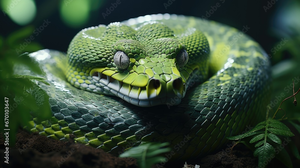 Aufkleber a close up of a green snake with it's head on top of another snake's head, with its mouth open and e