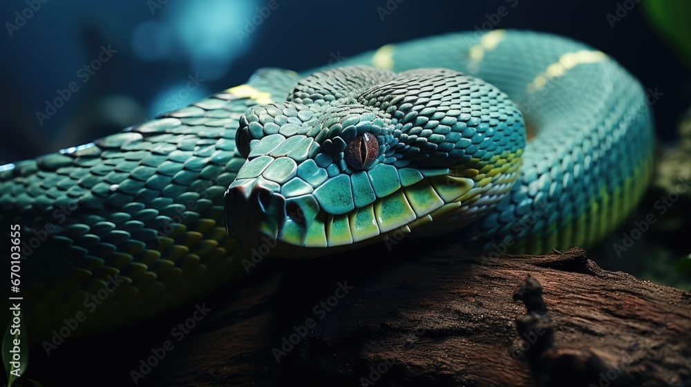 Aufkleber a close up of a blue and green snake on a tree branch with green leaves in the background and a blur