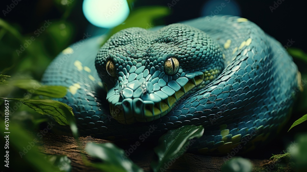 Poster a close up of a green snake on a branch with leaves in the foreground and a blue and yellow snake on