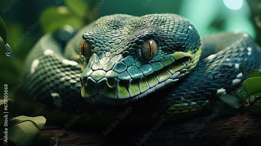 Poster a close up of a snake on a branch with leaves in the foreground and a blurry background of leaves in