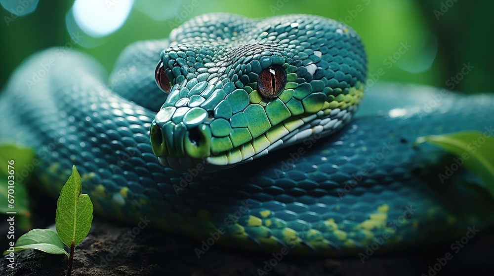 Poster a close up of a green snake on a tree branch with a leaf in the foreground and a blurry background o