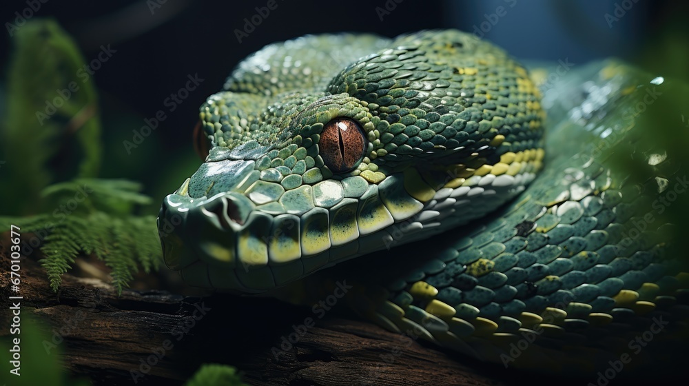 Poster a close up of a green snake's head on a branch with leaves in the foreground and in the background, 
