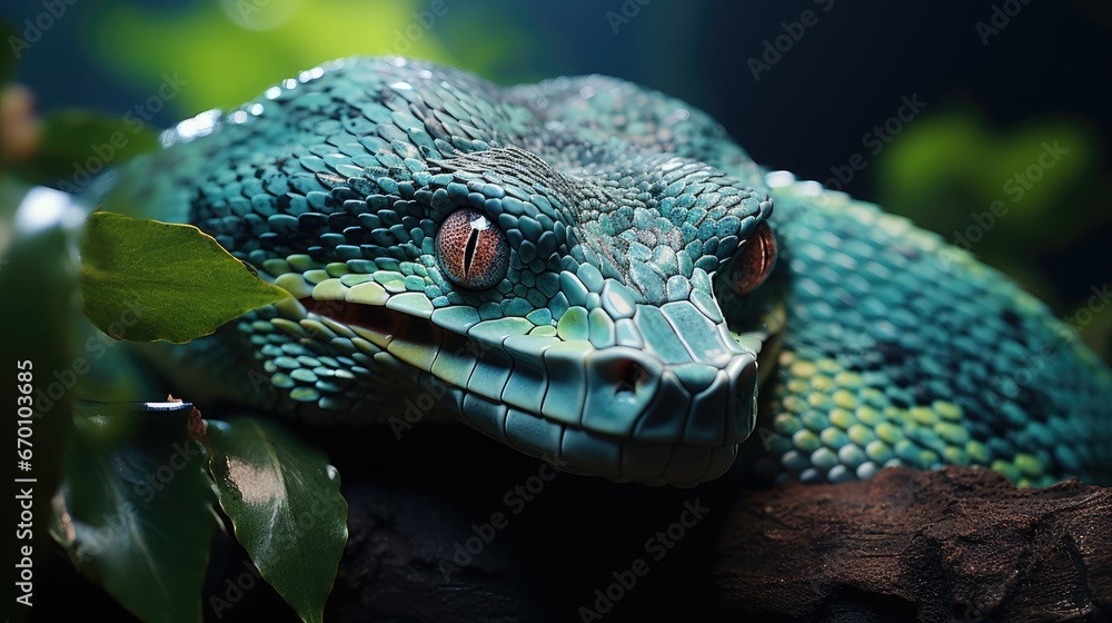 Poster a close up of a blue and green snake on a branch with leaves in the foreground and a blurry backgrou
