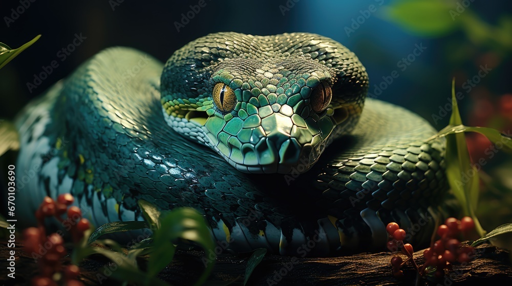 Aufkleber a close up of a green snake on a branch with red berries in the foreground and a blurry background o