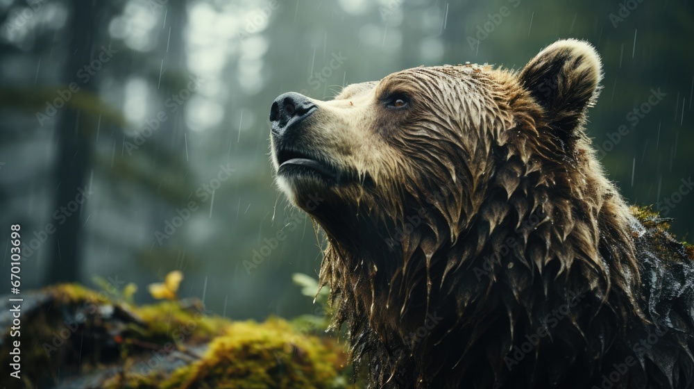 Poster a close up of a brown bear in a forest with rain falling down on it's face and trees in the back gro