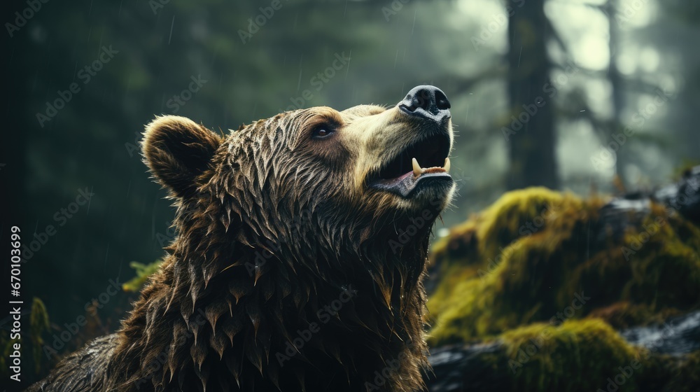 Poster a brown bear yawning in the rain in a forest with moss growing on the ground and a tree in the backg