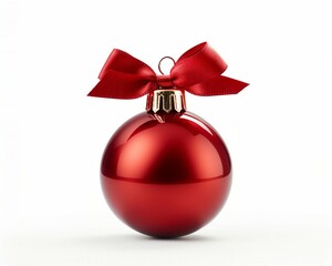 A festive red Christmas ornament with a vibrant red bow
